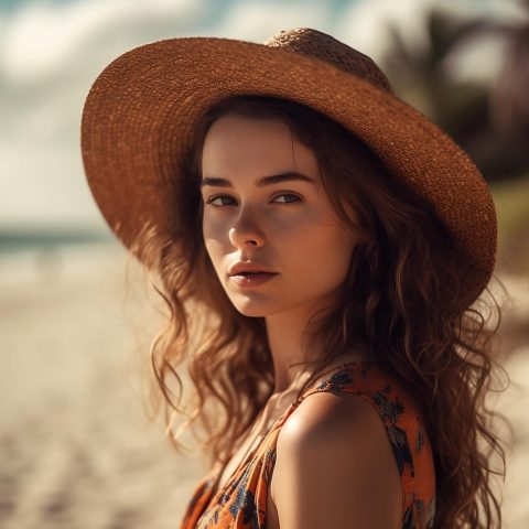 Vrouw met krullend haar op het strand na het zwemmen in zeewater