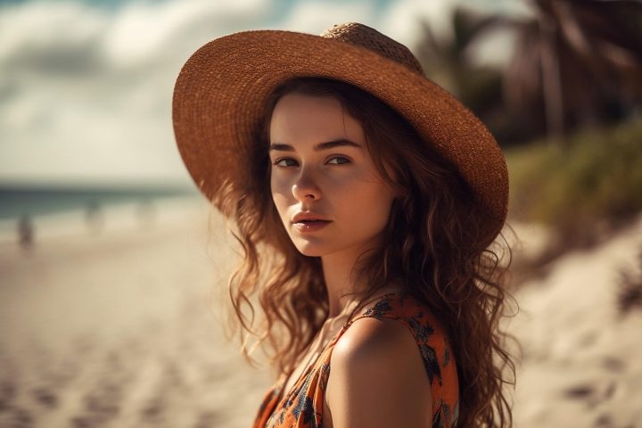 Vrouw met krullend haar op het strand na het zwemmen in zeewater