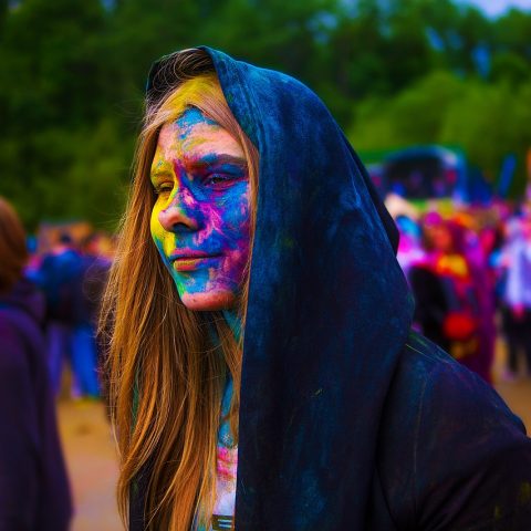 Persoon met kleurrijke make-up in de regen op een festival