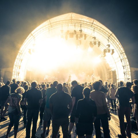 Publiek bij een zomers muziekfestival in Nederland met gekleurde kleding en podiumverlichting